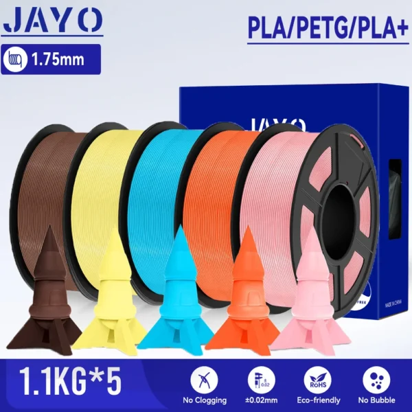 JAYO 3D PETG/PLA/PLA+ Filament 1.75mm +/-0.02mm PLA Filament 5 Rolls For Bambu FDM 3D Print